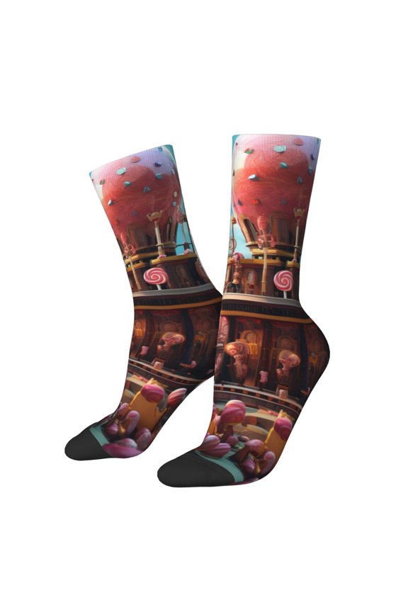 fairy-tale-world-with-delicious-candy Pattern Adult Middle Tube Socks Breathable Sock Non-Pilling,Contrasting Color Design