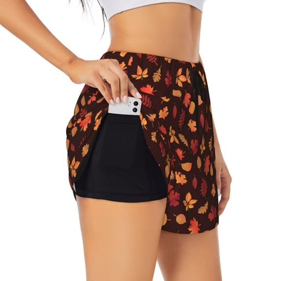 Hirioo fall Maple leaf for Women's Double Layer Athletic Shorts High-Performance Gym Shorts with Inner Pocket, Elastic Waistband-X-Large