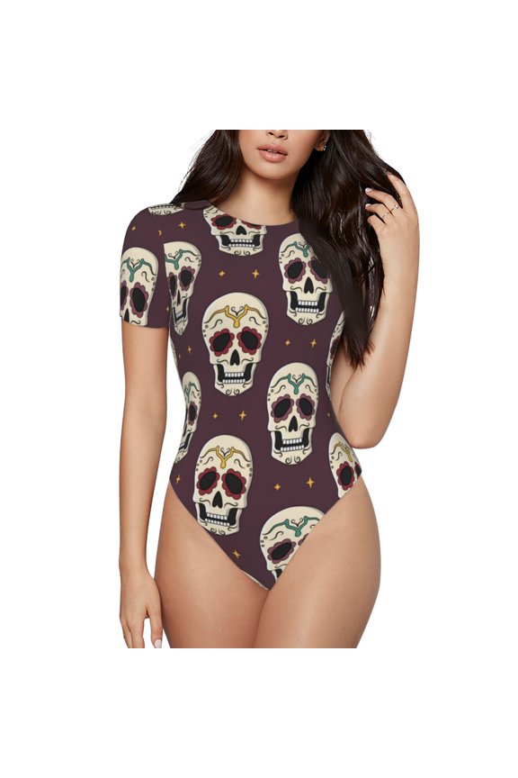 funny Skull star for Women's Round Neck Short-sleeved Onesie Basic Bodysuits-Medium