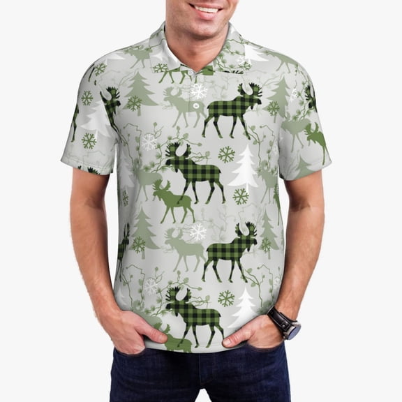 Hirioo green plaid Moose tree for Men’s Polo Shirts Quick Dry Short Sleeve Golf T Shirt Performance Moisture Wicking Casual Workout,Sizes S-4XL-Medium