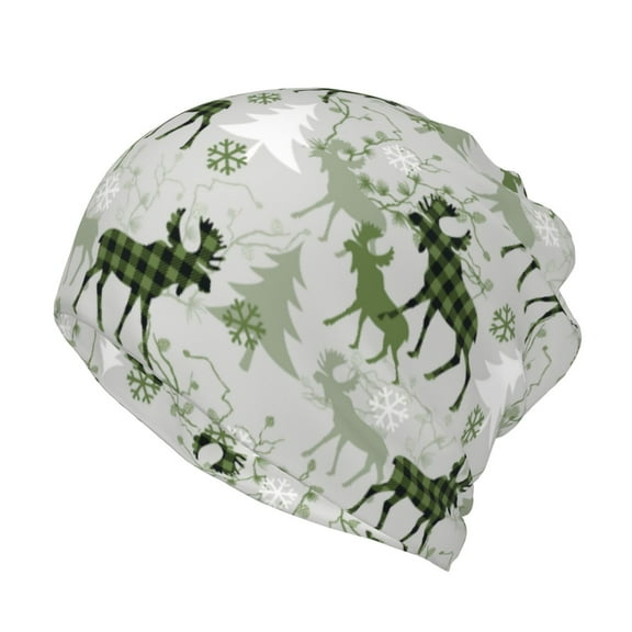 Hirioo green plaid Moose tree for Multifunction Beanie Hat for Men and Women Unisex for Winter Sports, Outdoor Activities, and Daily Wear