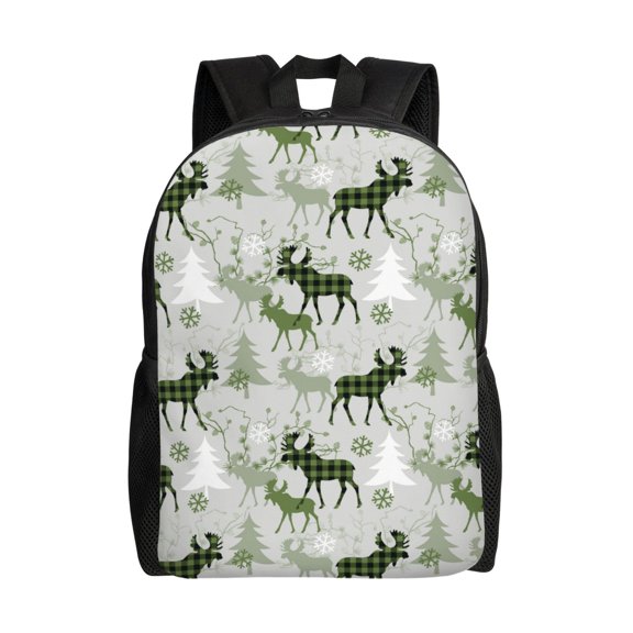 Hirioo green plaid Moose tree for Travel Backpack for Women Men, Lightweight and Durable,Gift for Weekender, College, Work,and Outdoor Activities