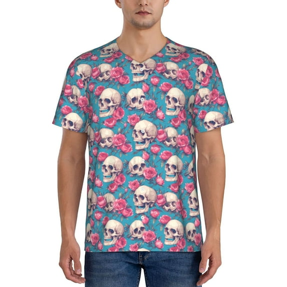 Hirioo happy Skull rose for Men's Baseball T-shirt Shirts Short Sleeve Casual Summer Button Stretch T Shirts,Size S-4XL-XX-Large