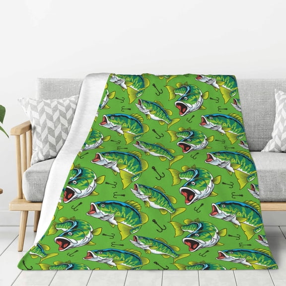 Hirioo large mouth green color bass fish for Flannel Blanket, Cozy and Warm Throw for Bed or Couch ,Perfect for All Seasons-40"x30"