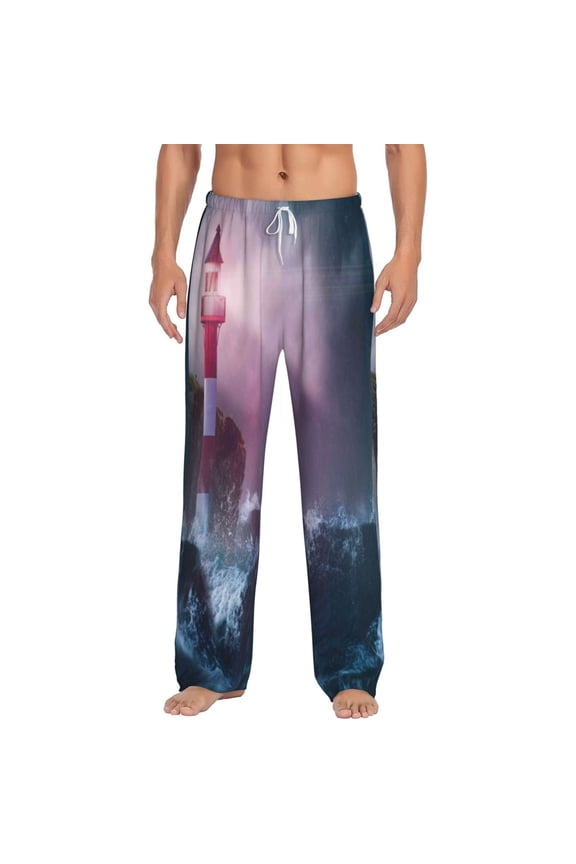 lighthouse Waves Torrential Rain for Men's PJ Pajama Pants Sleep Pants Men's Home Trousers with Pockets,S-3XL-Large