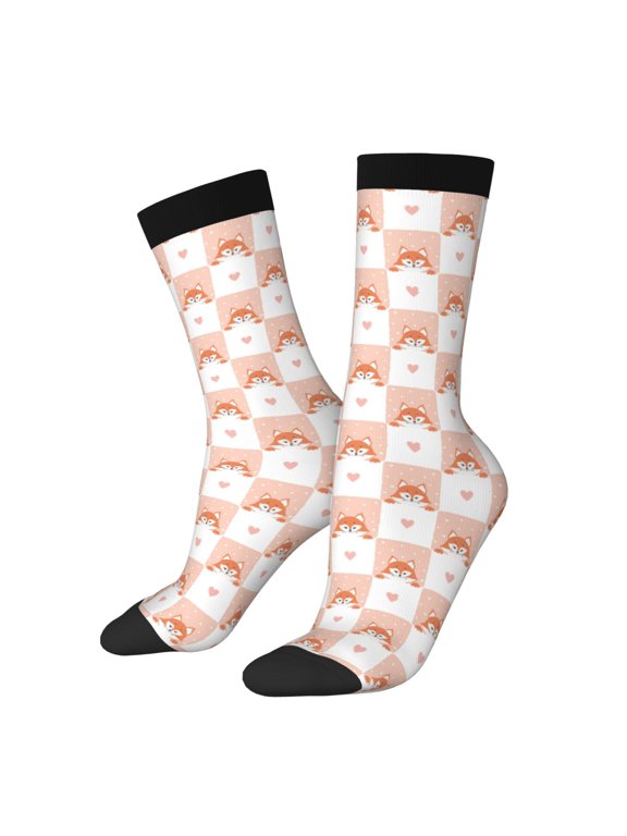 love plaid fox Pattern Adult Middle Tube Socks Breathable Sock Non-Pilling,Contrasting Color Design