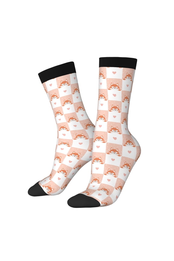 love plaid fox Pattern Adult Middle Tube Socks Breathable Sock Non-Pilling,Contrasting Color Design