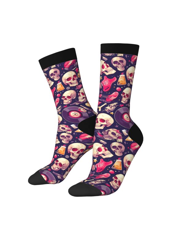 music Skull record Guitar Pattern Adult Middle Tube Socks Breathable Sock Non-Pilling,Contrasting Color Design