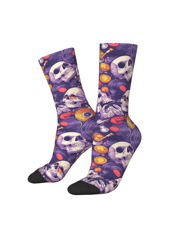 music Skull record Pattern Adult Middle Tube Socks Breathable Sock Non-Pilling,Contrasting Color Design