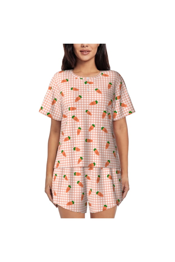 orange carrot on a gingham for Women's 2 Piece Short-Sleeved Pajama PJ Sets for Women Shorts with Pockets Womens Lounge Set-4X-Large