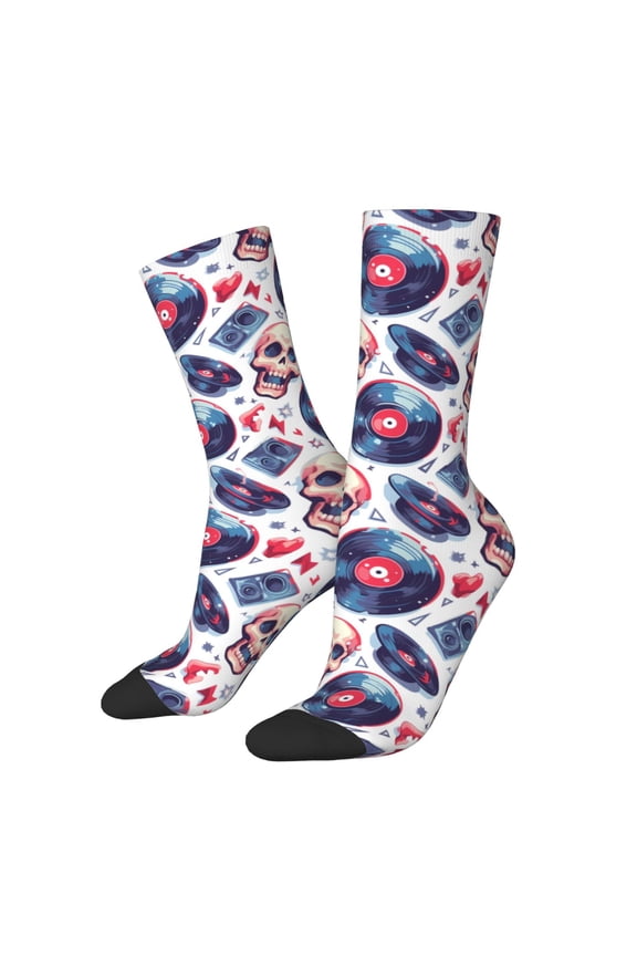 record rock music Skull Pattern Adult Middle Tube Socks Breathable Sock Non-Pilling,Contrasting Color Design