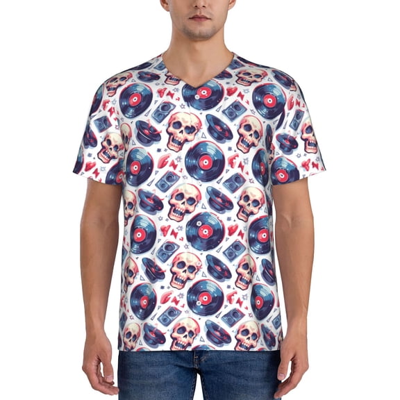 Hirioo record rock music Skull for Men's Baseball T-shirt Shirts Short Sleeve Casual Summer Button Stretch T Shirts,Size S-4XL-Medium