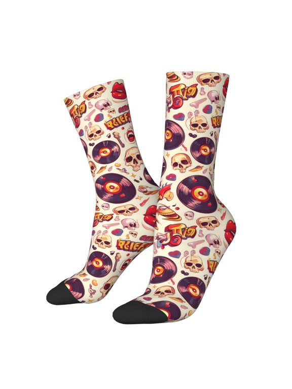 rock music Skull record Pattern Adult Middle Tube Socks Breathable Sock Non-Pilling,Contrasting Color Design