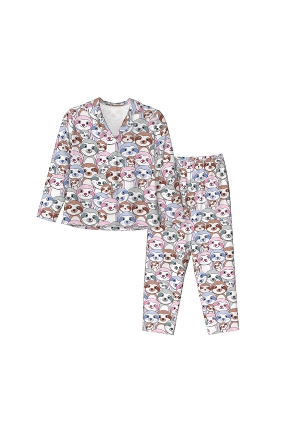 sloth cartoon for Women's Pajama Sets 2 Piece Pjs Women's Long-Sleeved Pajama Set Button Down Sleepwear,S-XXL-Medium