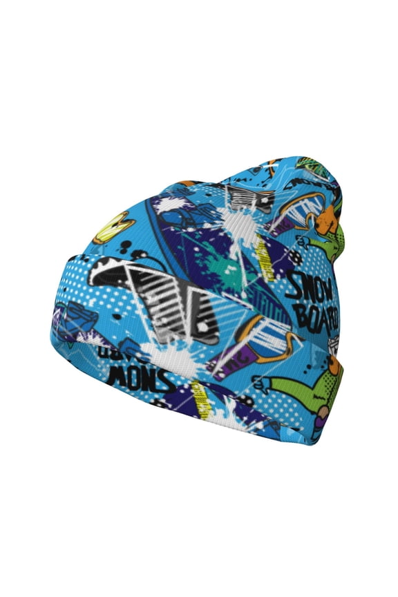 snow board blue for Men's Knit Cuffed Beanie for Outdoor Activities Unisex
