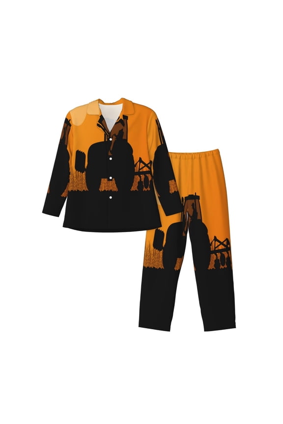tractor cultivating the land for Men's Pajama Sets 2 Piece Pjs Men's Long-Sleeved Pajama Set Button Down Sleepwear,S-XXL-Large