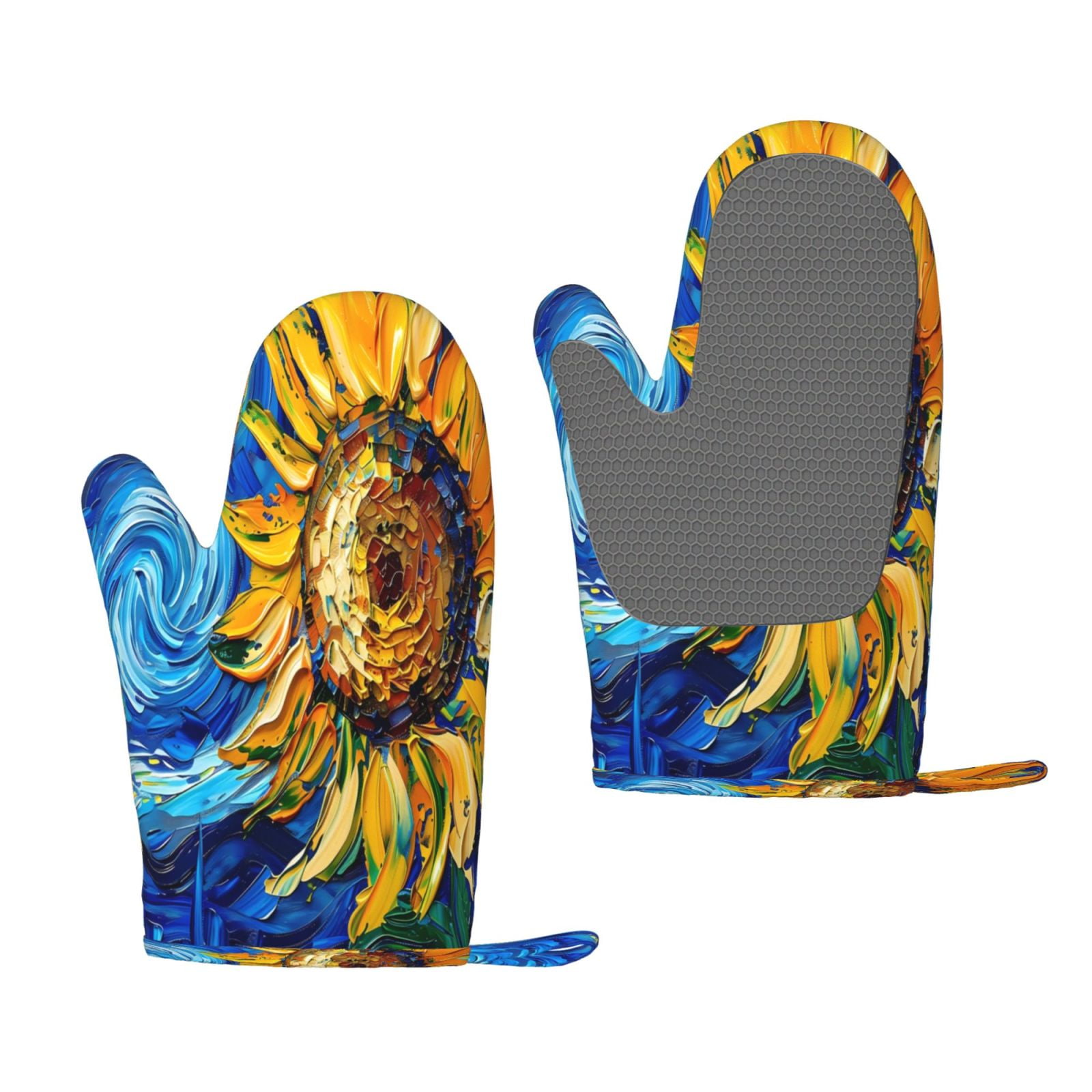 Hirioo vintage Starry Sunflower for Silicone Oven Mitts for BBQ, Baking, Cooking, Set of 2, Heat Resistant 260℃, Non-Slip Kitchen Essentials