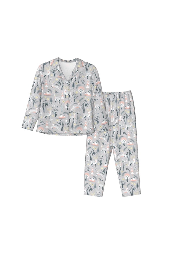 white Moose winter tree for Women's Pajama Sets 2 Piece Pjs Women's Long-Sleeved Pajama Set Button Down Sleepwear,S-XXL-X-Large