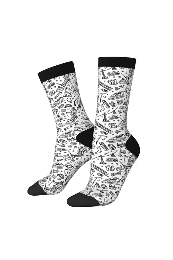 winter Ski Element Pattern Adult Middle Tube Socks Breathable Sock Non-Pilling,Contrasting Color Design