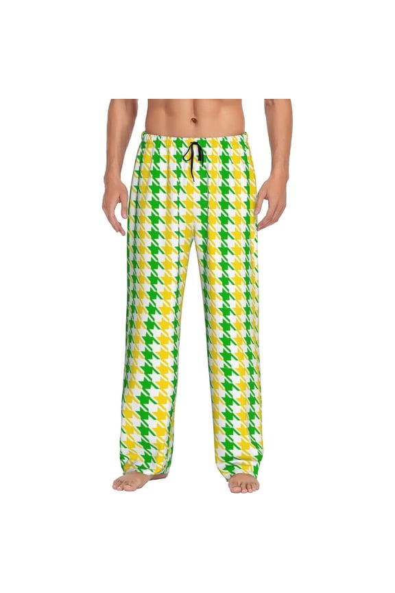 yellow and green houndstooth for Men's PJ Pajama Pants Sleep Pants Men's Home Trousers with Pockets,S-3XL-XX-Large