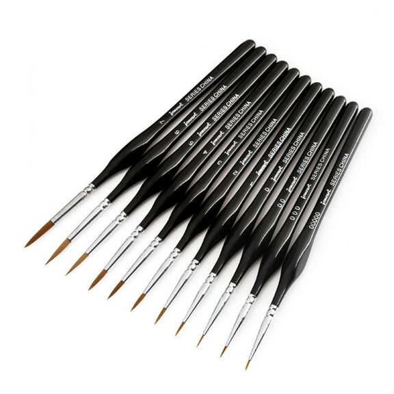 Hiroekza 11 PCS MINIATURE DETAIL PAINT BRUSH SET for Watercolor Gouache Acrylic - Fine Three Sided Line Marker, Natural Wood Handle, Protective Caps - Art Painting, Miniature Models, Details