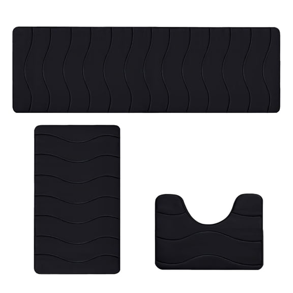 Hiroekza 3-Pieces Foam Bath Mat Set - Soft, Comfortable, Water Absorption, Non-Slip, Washable - Modern Bathroom Rugs for Women & Men Black