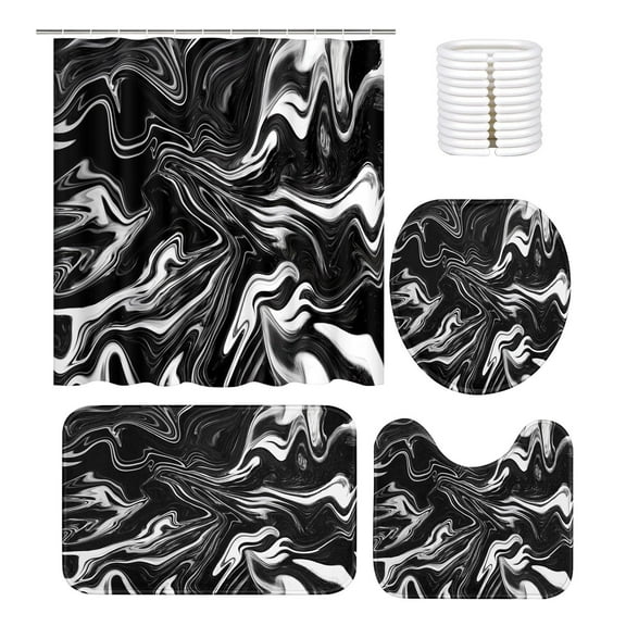 Hiroekza 4-Piece Bathroom Shower Curtain Set 70x70 Inches with AntiSlip Rug Toilet Lid Cover Bath Mat Colorful Marbles HD Printing Waterproof Complete Bathroom Accessories Set for Women & Men Black