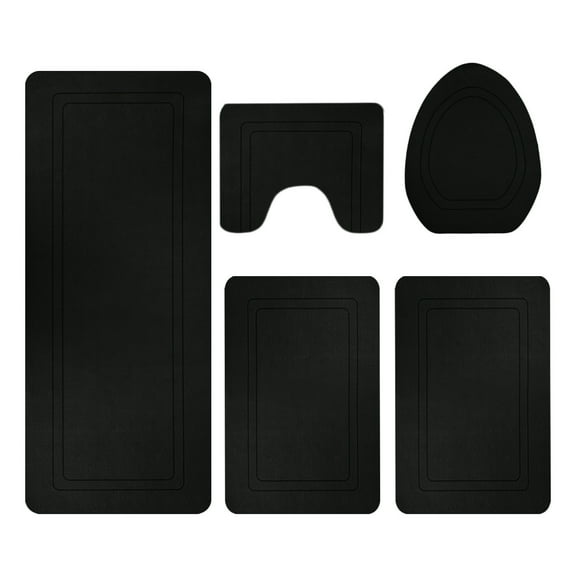 Hiroekza 5-Pieces Large Bathroom Rug Set with Toilet Cover - Soft Velvet Fleece, Non-Slip, Water Absorbent, Washable, Modern Style Black