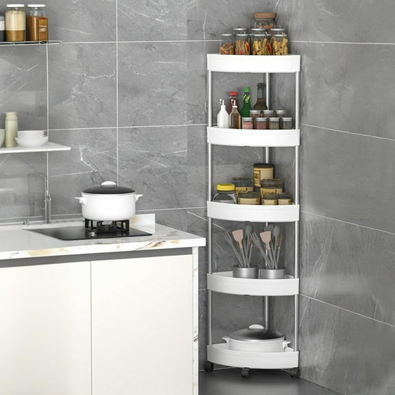 Hiroekza 5 Tier Corner Shower Caddy Organizer Shelf Rack Storage with Rolling Wheels & Drainage Holes - Plastic & Stainless Steel Bathroom Accessories for Shower Organization White