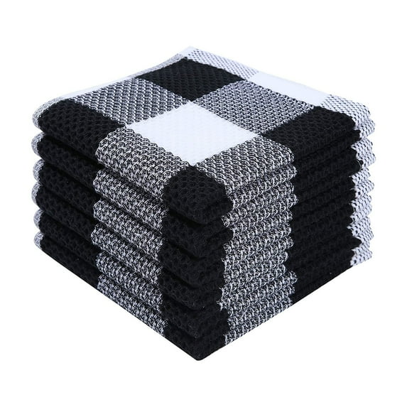 Hiroekza 6-Pack Absorbent Cotton Dish Towels Washcloths Plaid Design - Soft, Quick-Drying & Nonfading Black