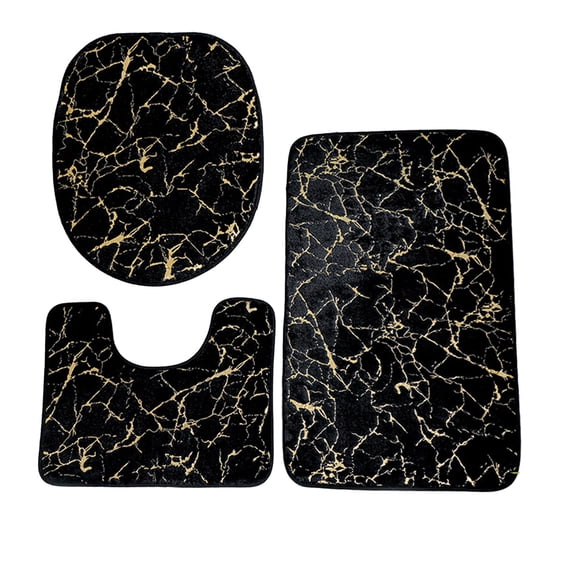 Hiroekza Bathroom Rugs 3 Piece Set Non Slip Absorbent Comfortable Foot Mat - Small Rabbits Hair Hot Gold Toilet Cover Mat Carpet for Bathroom Floor Black