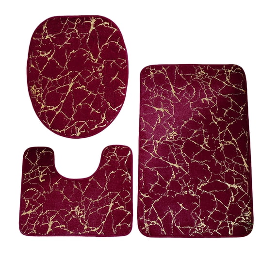 Hiroekza Bathroom Rugs 3 Piece Set Non Slip Absorbent Comfortable Foot Mat - Small Rabbits Hair Hot Gold Toilet Cover Mat Carpet for Bathroom Floor Wine