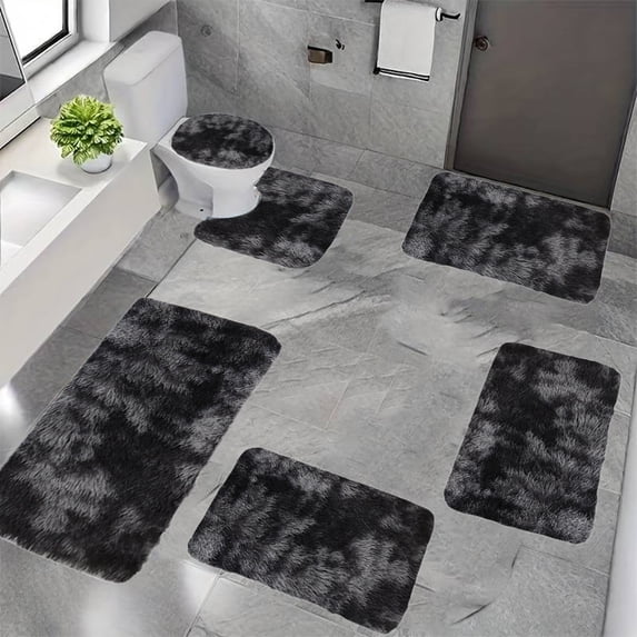 Hiroekza Bathroom Rugs Mixed Color Bath Mats 6 Set Whole Room Bath Rugs 6 Pcs Toilet Mats Soft Water Absorption Non Slip Thick Washable Easy to Dry Dark