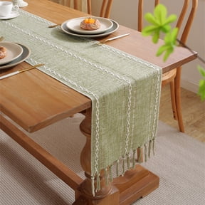 Hiroekza Boho Burlap Table Runner 130" - Hemstitched Cotton Linen Table Runners for Rustic Dining Kitchen Centerpiece Decor - Macrame Woven Coffee Table Runner for Dresser Scarf Hone Decor Green