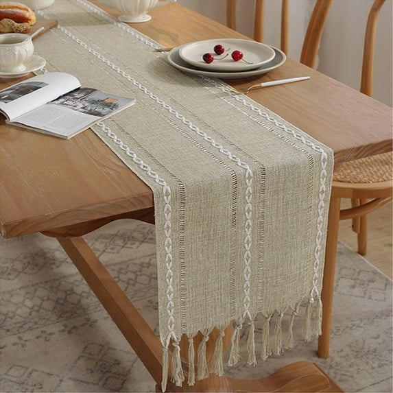 Hiroekza Boho Burlap Table Runner 130" - Hemstitched Cotton Linen Table Runners for Rustic Dining Kitchen Centerpiece Decor - Macrame Woven Coffee Table Runner for Dresser Scarf Hone Decor Yellow