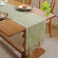 thumbnail image 1 of Hiroekza Boho Burlap Table Runner 63" - Hemstitched Cotton Linen Table Runners for Rustic Dining Kitchen Centerpiece Decor - Macrame Woven Coffee Table Runner for Dresser Scarf Hone Decor Green, 1 of 9
