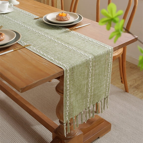 Hiroekza Boho Burlap Table Runner 63" - Hemstitched Cotton Linen Table Runners for Rustic Dining Kitchen Centerpiece Decor - Macrame Woven Coffee Table Runner for Dresser Scarf Hone Decor Green