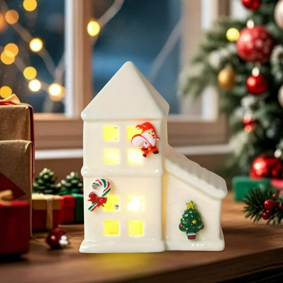 Hiroekza Ceramic Small House Hollow Christmas Decorations Ornaments LED Light Decoration Small Gift Christmas Gifts for Kids