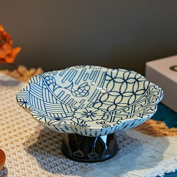 Hiroekza Chinese Blue And White Hand-painted Ceramic Tall Fruit Plates Delicate Pastries Tea High Footed Tray Nut Fruit Plates Dims Sum Plates
