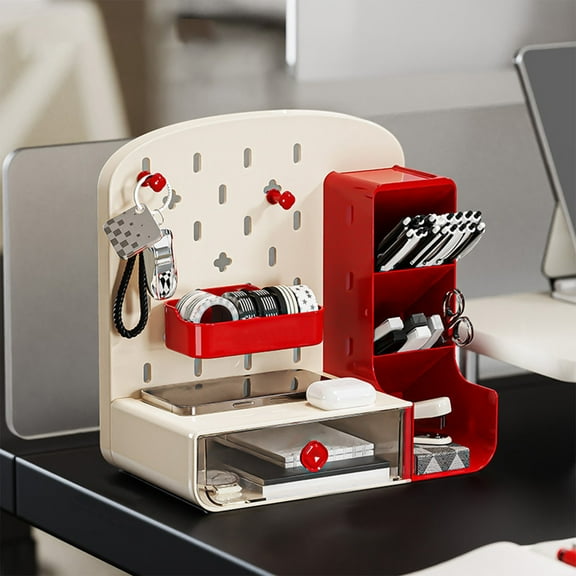Hiroekza Desk Organizer with Drawer Pen Holders Hook Study Supplies Storage Office Storage Desktop Organizers and Accessories Zoning Design, Superior Plastic Material Red