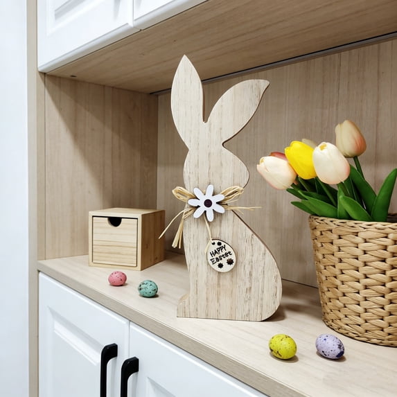 Hiroekza Easter Decor, Easter Wooden Ornaments Rabbits Easter Eggs Flower Style Home Bucolic Style Desktop Cute Decoration Easter Gifts for Kids