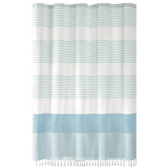 Hiroekza Faux Linen Shower Curtain Liner Waterproof Polyester Fabric with Tassel Splicing for Bathroom Wet Dry Separation 71.9x71.9in Blue