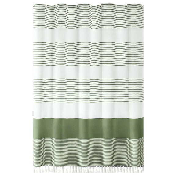 Hiroekza Faux Linen Shower Curtain Liner Waterproof Polyester Fabric with Tassel Splicing for Bathroom Wet Dry Separation 71.9x71.9in Green