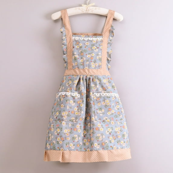 Hiroekza Floral Canvas Apron Waterproof Oil Resistant Kitchen Cooking Baking Apron Adjustable Ties For Chef Waist Protection Blue