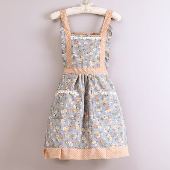 Hiroekza Floral Canvas Apron Waterproof Oil Resistant Kitchen Cooking Baking Apron Adjustable Ties For Chef Waist Protection Blue