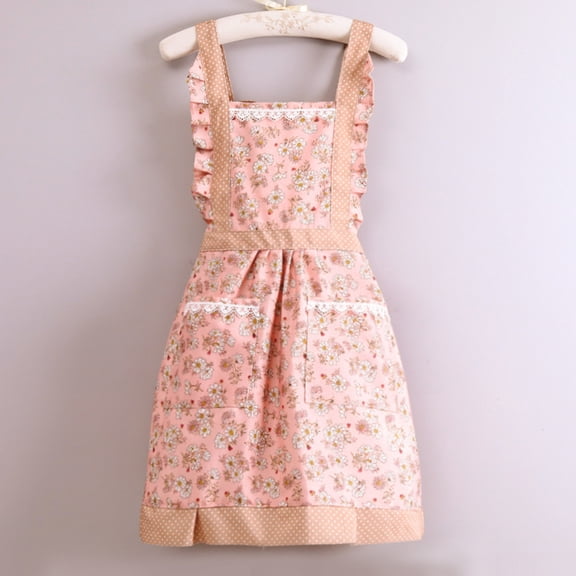 Hiroekza Floral Canvas Apron Waterproof Oil Resistant Kitchen Cooking Baking Apron Adjustable Ties For Chef Waist Protection Pink