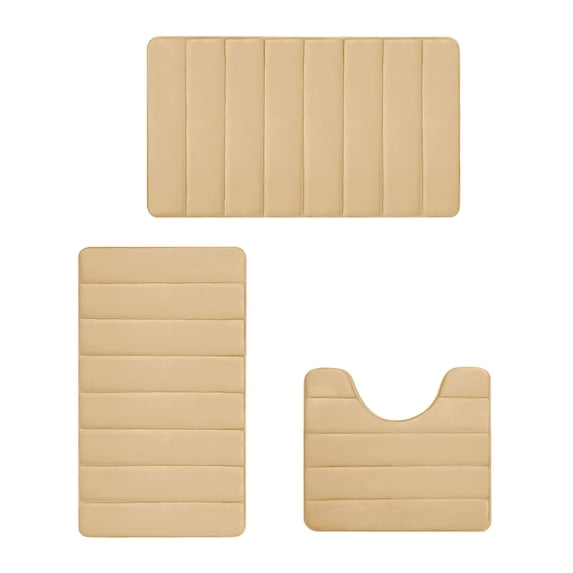 Hiroekza Foam Bath Mat Set 3 Pieces - Soft Comfortable Water Absorption Non-Slip Thick Machine Washable Modern Bathroom Rugs for Women Men Khaki