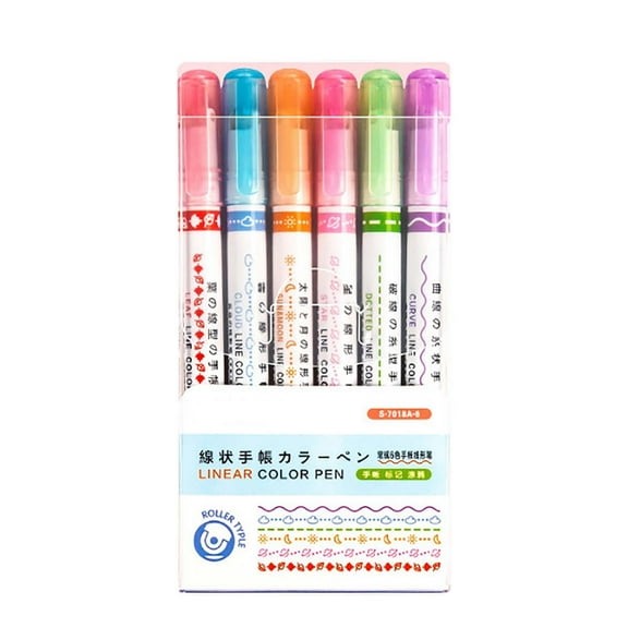 Hiroekza Highlighter Pen Set 6 Colors with Unique Patterns for Artwork, Notes, and Scrapbooking - 5ml Each, Safe & Portable