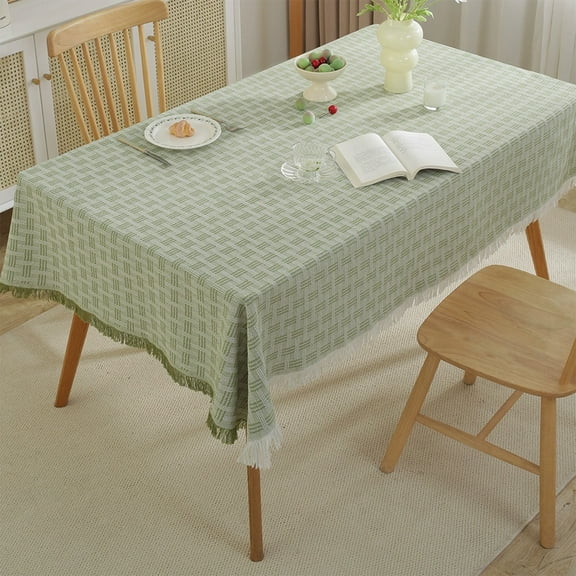 Hiroekza Linen Fabric Tablecloth with Tassels 35x59" Rectangle - Plaid Decorative Dining Table Cloth for Home Kitchen Dining/Party/Buffet/Wedding - Farmhouse Table Cover Green