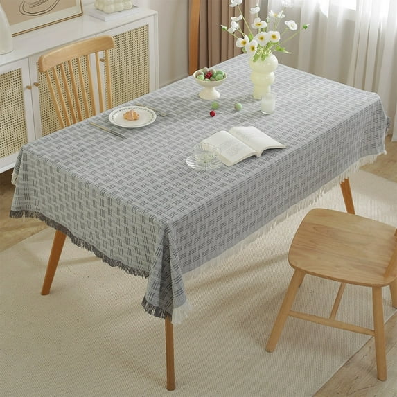 Hiroekza Linen Fabric Tablecloth with Tassels 35x59" Rectangle - Plaid Decorative Dining Table Cloth for Home Kitchen Dining/Party/Buffet/Wedding - Farmhouse Table Cover Gray